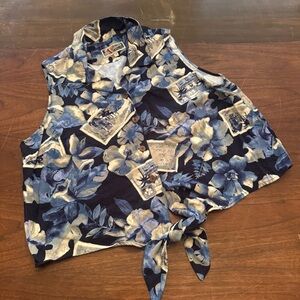 Vintage La Cabana Hawaiian Button Down Blouse 2x Blue Tropical Print